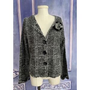 Anthropology Curio Sweater Women Extra Large Black White Wool Blend Cardigan